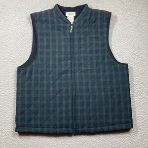 Talbots Quilted Vest Womens Large Green Navy Zip‎ Up Tartan Plaid Hiking Preppy